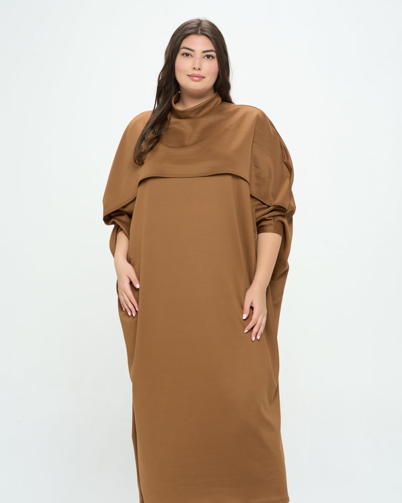 Front of a model wearing a size 1X Potter Cape Kaftan Midi Dress in Tobacco by L I V D. | dia_product_style_image_id:241485